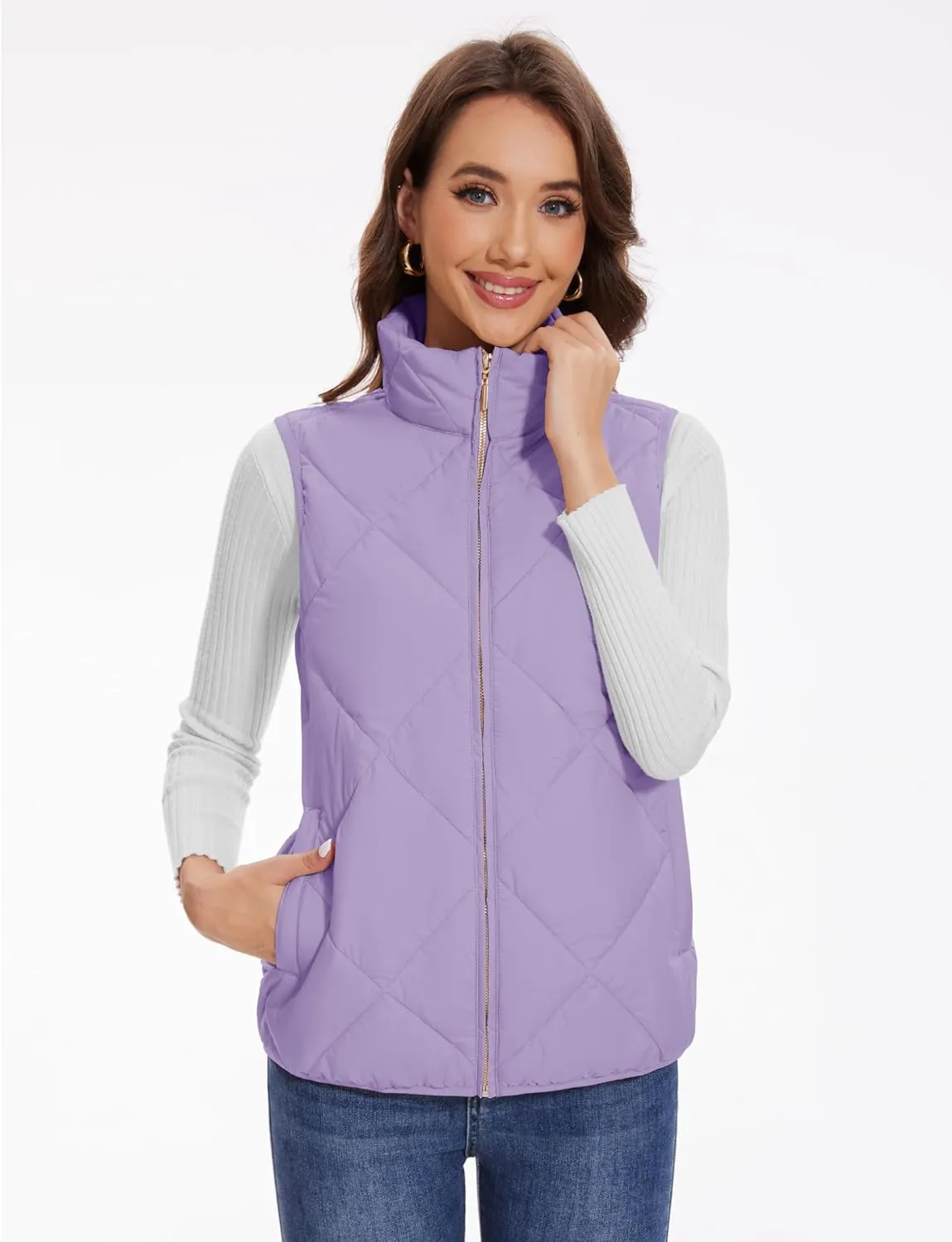 YUCOLEN Women's Quilted Vest 4 Pockets Stand Collar Lightweight Zip Padded Gilet Sleeveless Jackets Coats Outwear
