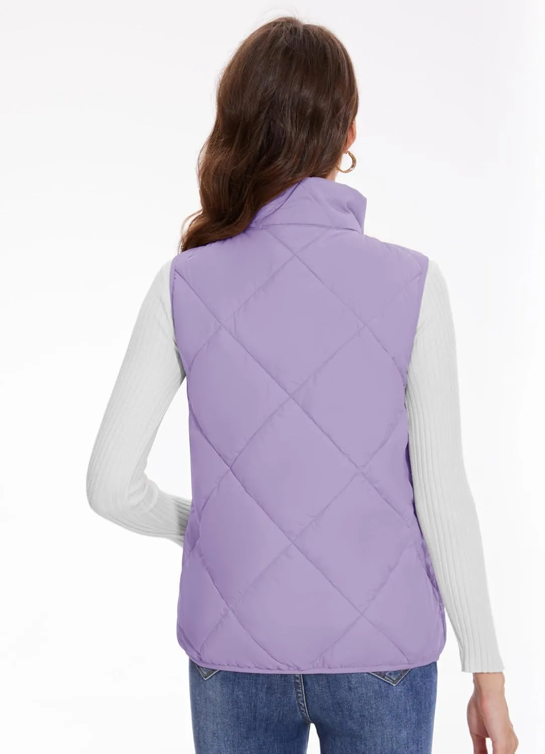 YUCOLEN Women's Quilted Vest 4 Pockets Stand Collar Lightweight Zip Padded Gilet Sleeveless Jackets Coats Outwear