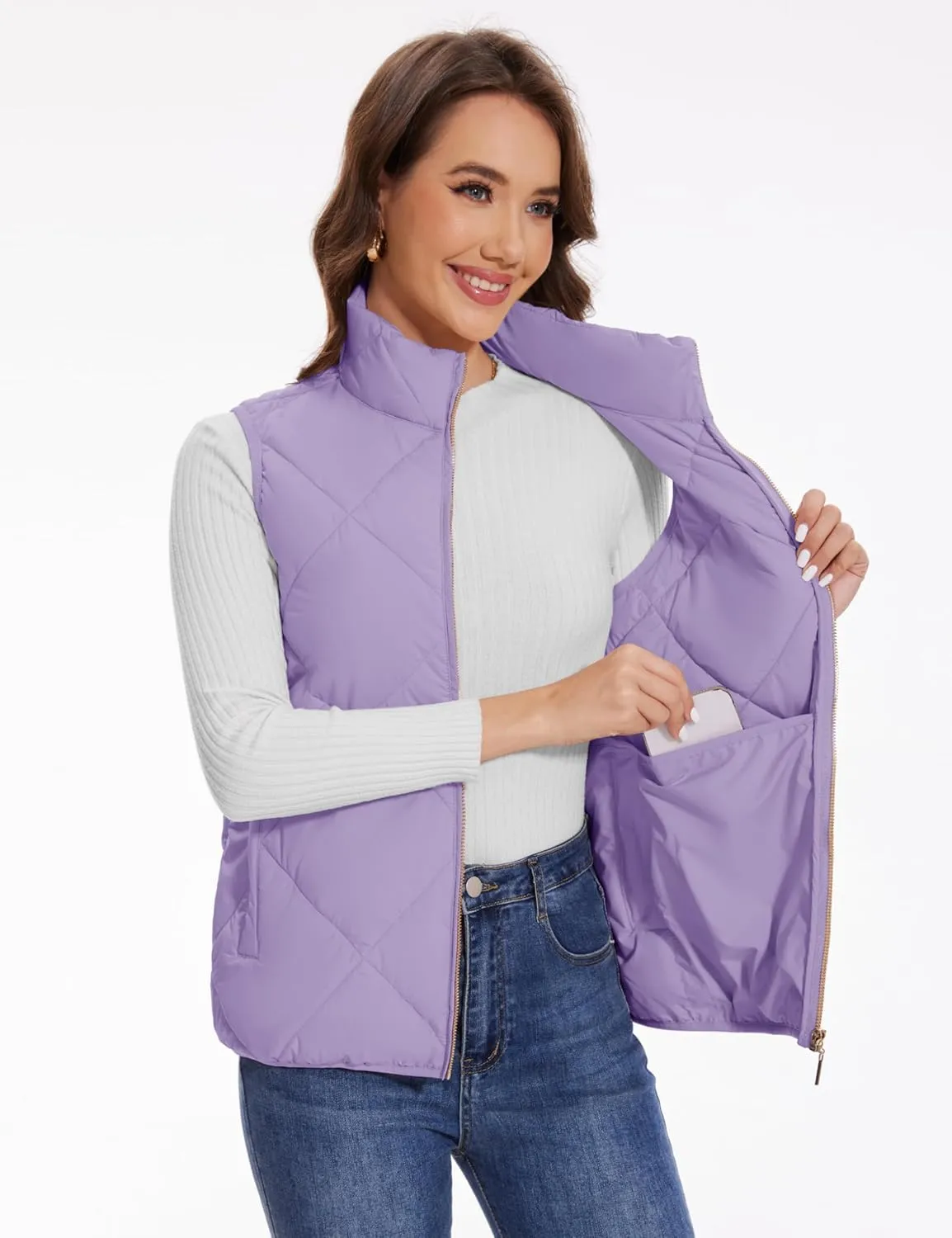 YUCOLEN Women's Quilted Vest 4 Pockets Stand Collar Lightweight Zip Padded Gilet Sleeveless Jackets Coats Outwear