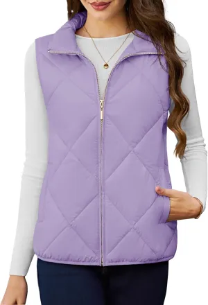 YUCOLEN Women's Quilted Vest 4 Pockets Stand Collar Lightweight Zip Padded Gilet Sleeveless Jackets Coats Outwear