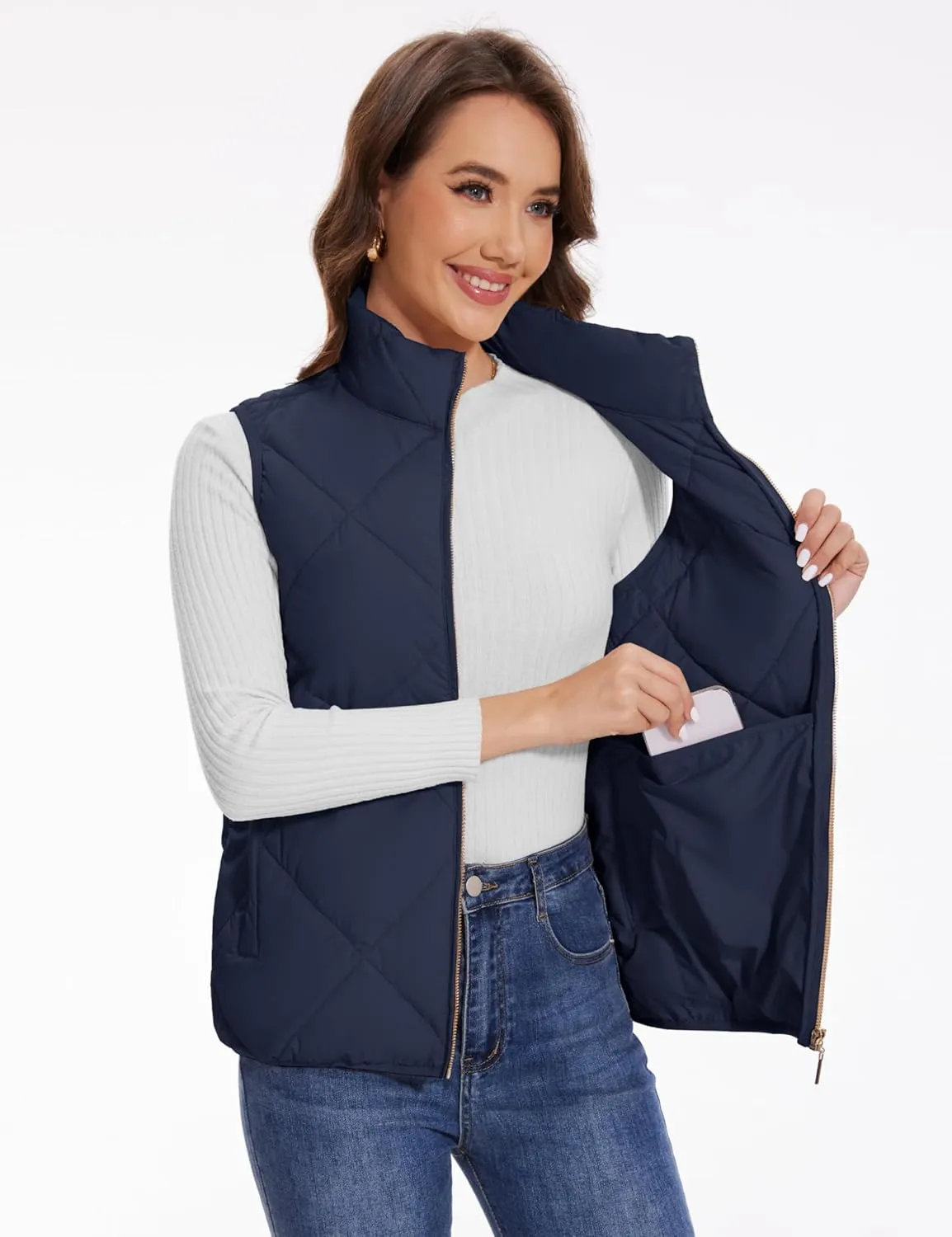 YUCOLEN Women's Quilted Vest 4 Pockets Stand Collar Lightweight Zip Padded Gilet Sleeveless Jackets Coats Outwear