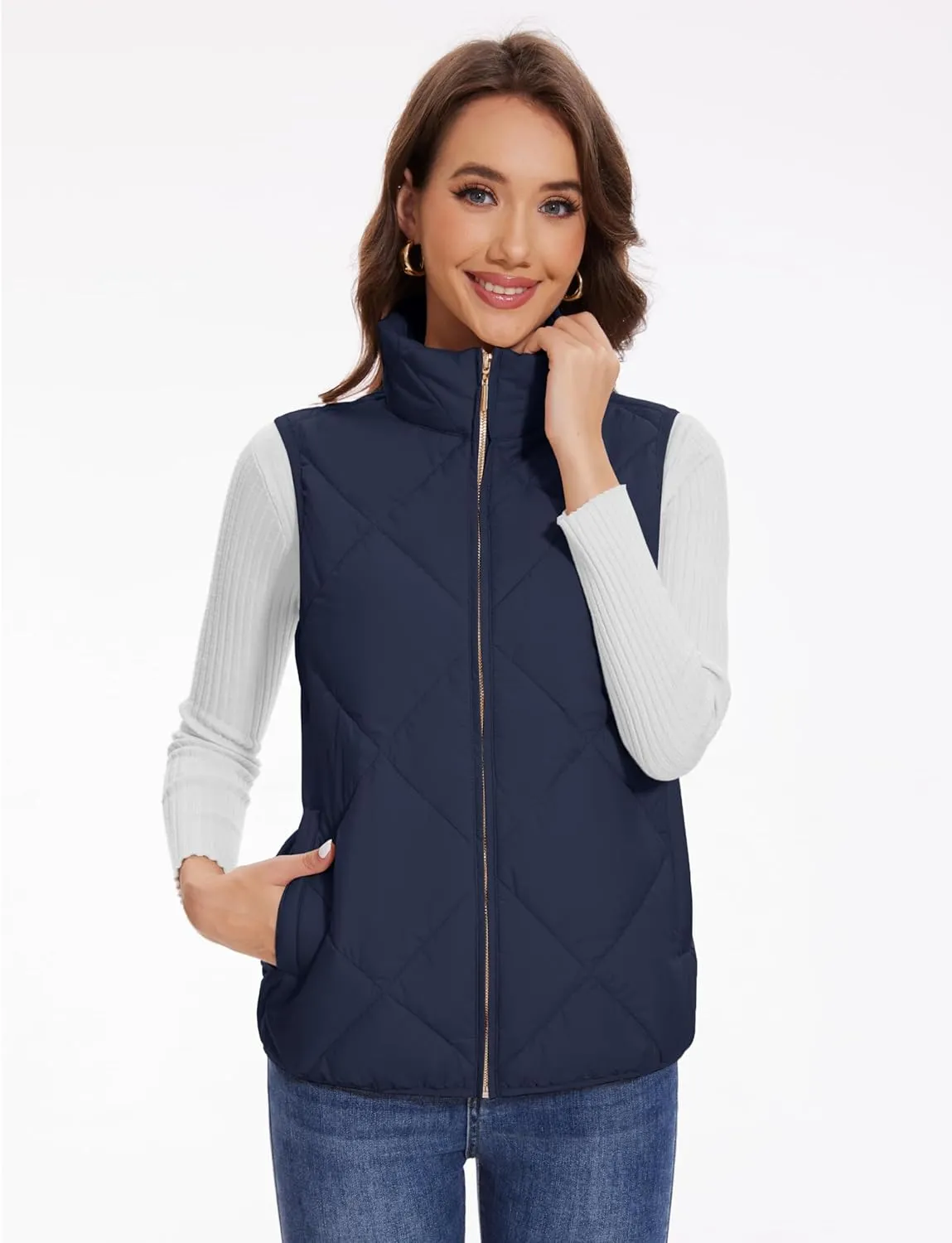 YUCOLEN Women's Quilted Vest 4 Pockets Stand Collar Lightweight Zip Padded Gilet Sleeveless Jackets Coats Outwear