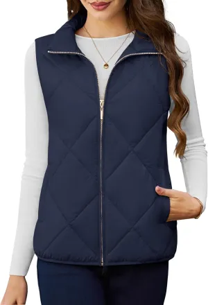 YUCOLEN Women's Quilted Vest 4 Pockets Stand Collar Lightweight Zip Padded Gilet Sleeveless Jackets Coats Outwear