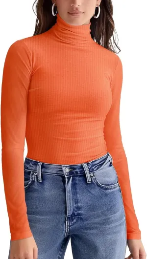 Zengjo Turtleneck Shirt Women-Ribbed Long Sleeve Tops Slim Fitted Base Layer Soft Stretch