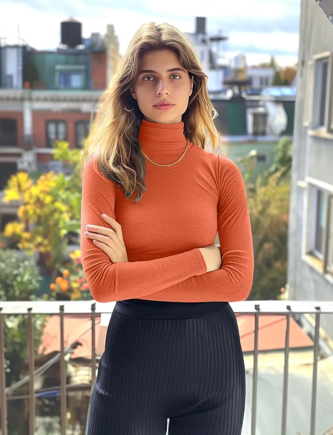 Zengjo Turtleneck Shirt Women-Ribbed Long Sleeve Tops Slim Fitted Base Layer Soft Stretch
