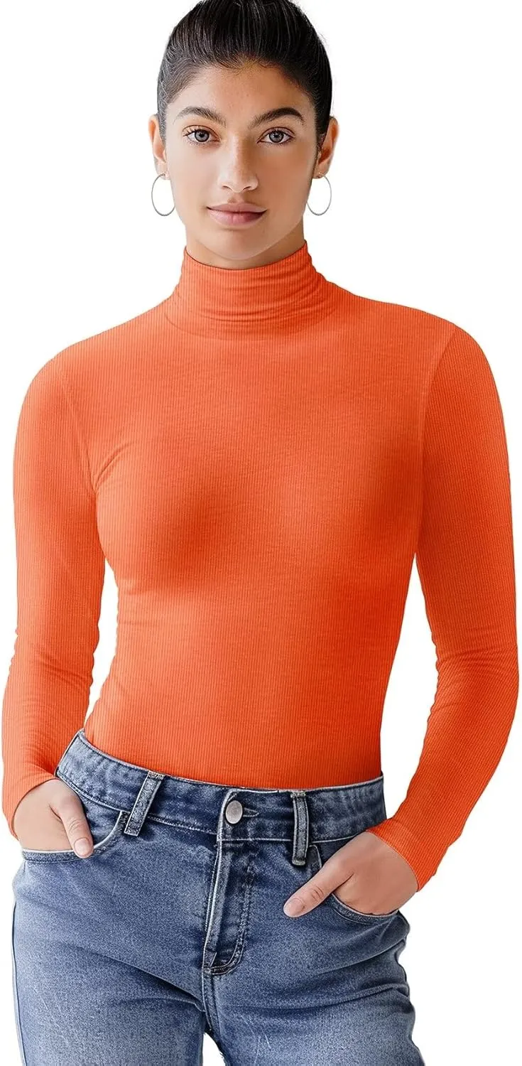 Zengjo Turtleneck Shirt Women-Ribbed Long Sleeve Tops Slim Fitted Base Layer Soft Stretch