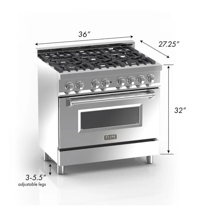 ZLINE 36 IN. Professional Dual Fuel Range in Snow Stainless with Black Matte Door (RAS-BLM-36)