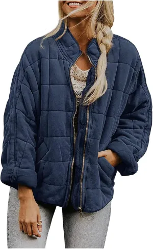 ZWRXW Winter Coats for Women Quilted Lightweight Puffer Jacket Long Sleeve Casual Loose Button Fall Down Outwear with Pocket